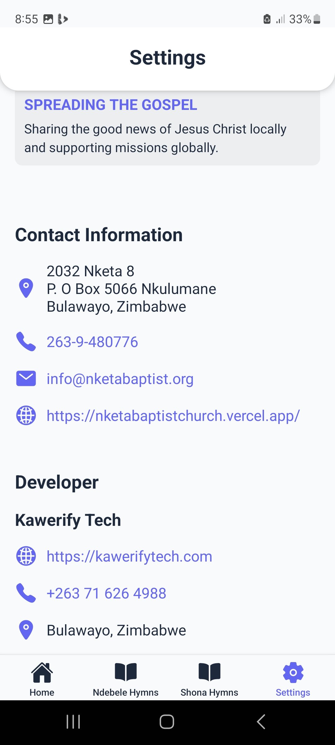 Nketa Baptist hymnals app settings menu